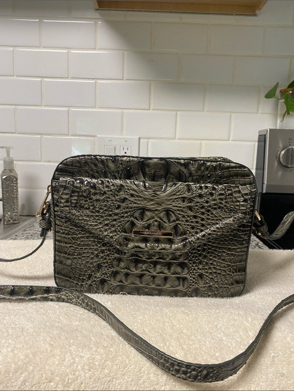 Brahmin Black Croc-Embossed Crossbody with Gold Hardware
